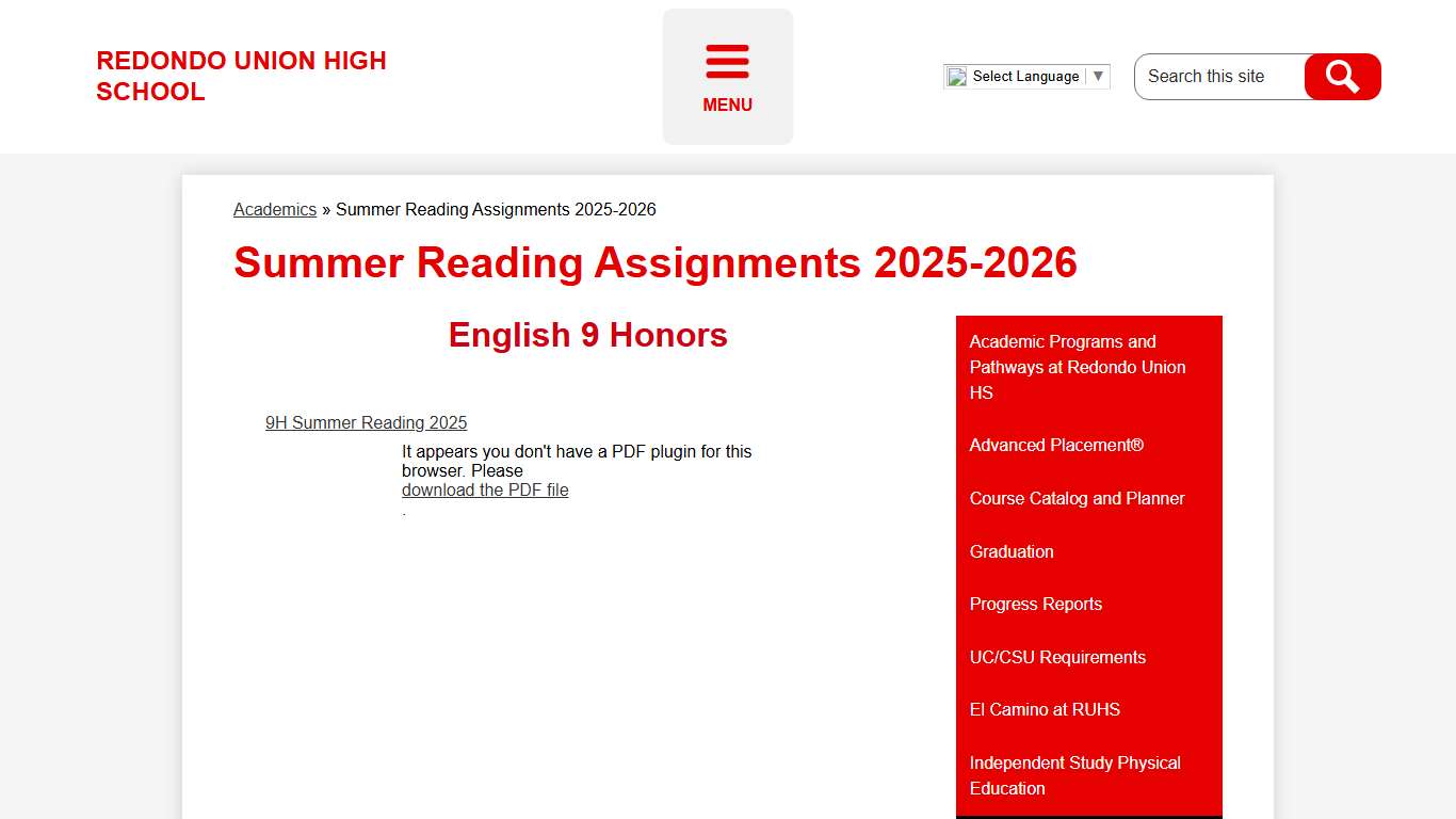 Summer Reading Assignments 2025-2026 – Academics – Redondo Union High School